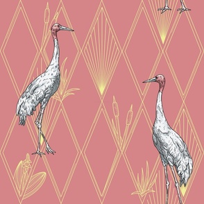 Sarus Cranes on Art Deco Argyle Diamond Pattern on Pink