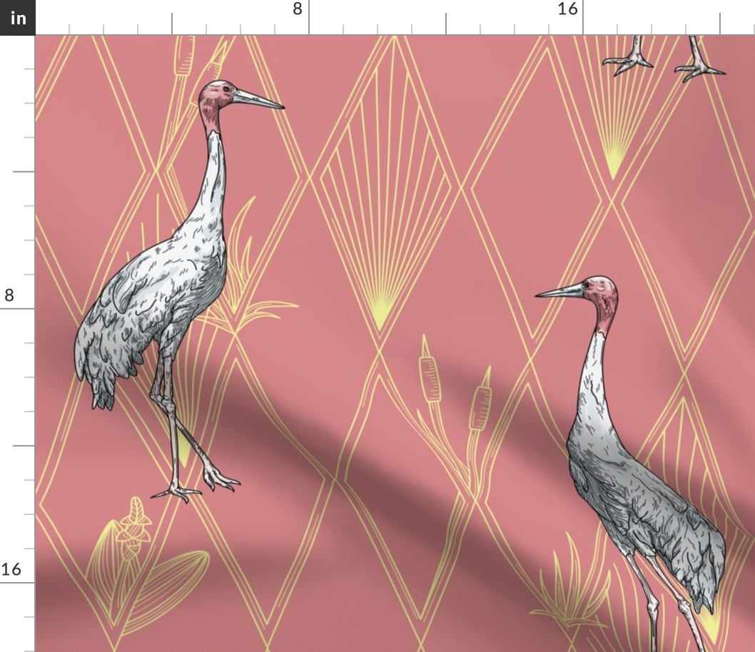 Sarus Cranes on Art Deco Argyle Diamond Pattern on Pink