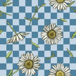 Line Art Daisy Floral Pattern on Checkered Background