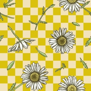 Line Art Daisy Floral Pattern on Checkered Background