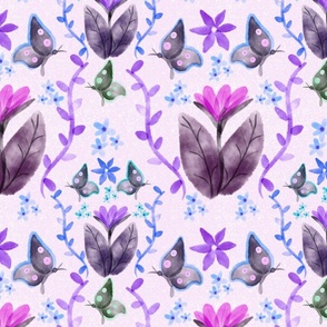 Watercolor purple lilies and butterflies 