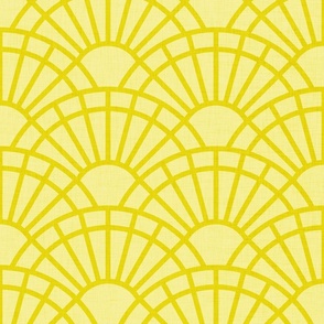 Serene Sunshine- 12 Lemon Lime on White- Art Deco Wallpaper- Geometric Minimalist Monochromatic Scalloped Suns- Petal Cotton Solids Coordinate- Large- Bright Yellow- Dopamine