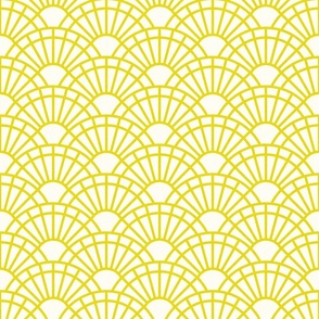 Serene Sunshine- 12 Lemon Lime on White- Art Deco Wallpaper- Geometric Minimalist Monochromatic Scalloped Suns- Petal Cotton Solids Coordinate- Small- Bright Yellow- Dopamine