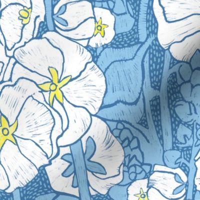 French Country Hollyhocks in French Blue and White