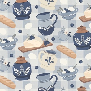 Charming French Country Kitchen - Classic Blue Elements on Gingham Pattern