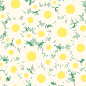 Cute Flat 90s Daisy Pattern with Leaves on Green