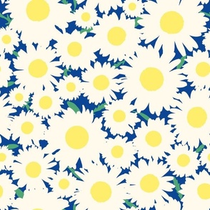 Cute Flat 90s Daisy Pattern with Leaves on Blue