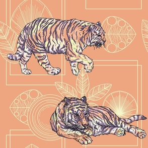 Art Deco Tiger Geometric Nature Wallpaper on Peach