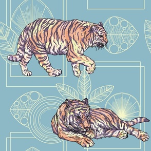 Art Deco Tiger Geometric Nature Wallpaper on Blue