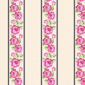 Pink roses Stripe on French ticking - Natural ground - 7”