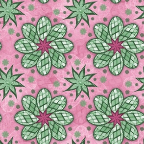 Maximalist Preppy Flowers - Green on Pink