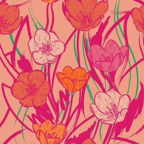 Bold and Bright Tulip Pattern with Brushy Backdrop