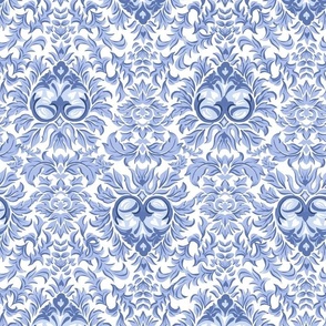 Blue damask retro hearts blue and white, cornflower blue