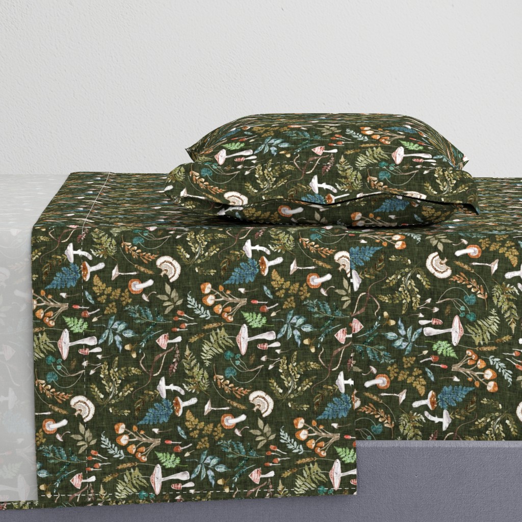 Mushroom Grove (olive) MED / moody / vintage / woodland/ mushroom wallpaper