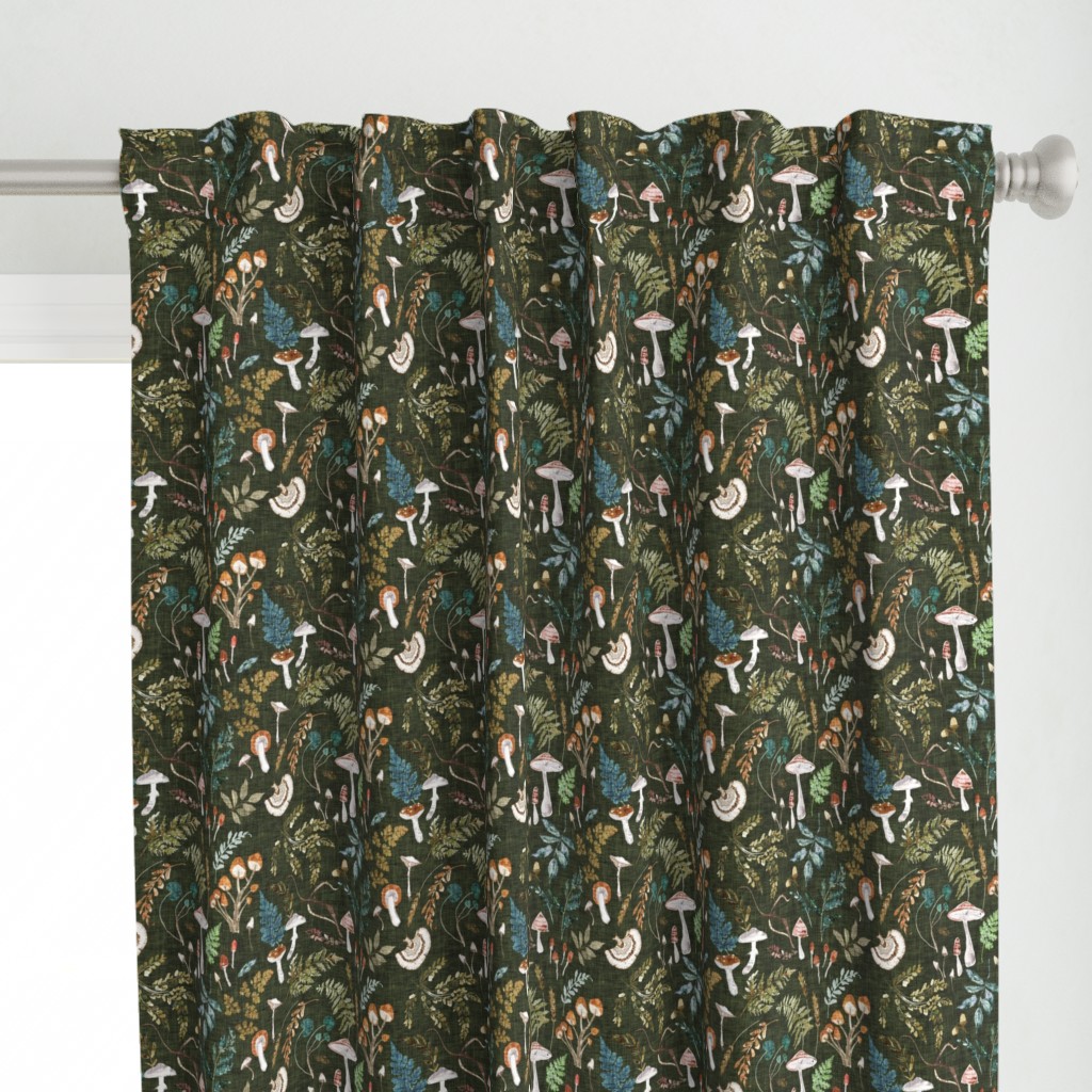 Mushroom Grove (olive) MED / moody / vintage / woodland/ mushroom wallpaper