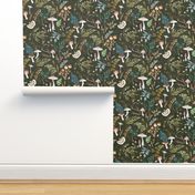 Mushroom Grove (olive) MED / moody / vintage / woodland/ mushroom wallpaper