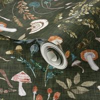 Mushroom Grove (olive) MED / moody / vintage / woodland/ mushroom wallpaper