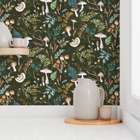 Mushroom Grove (olive) MED / moody / vintage / woodland/ mushroom wallpaper