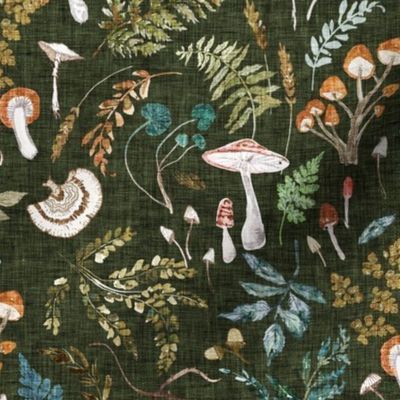 Mushroom Grove (olive) MED / moody / vintage / woodland/ mushroom wallpaper