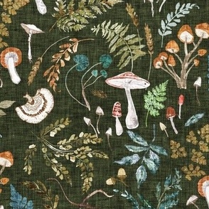 Mushroom Grove (olive) MED / moody / vintage / woodland/ mushroom wallpaper