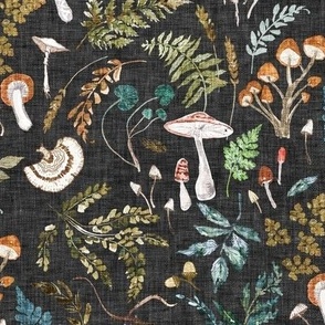 Mushroom Grove (charcoal grey) MED / moody / vintage / woodland/ mushroom wallpaper