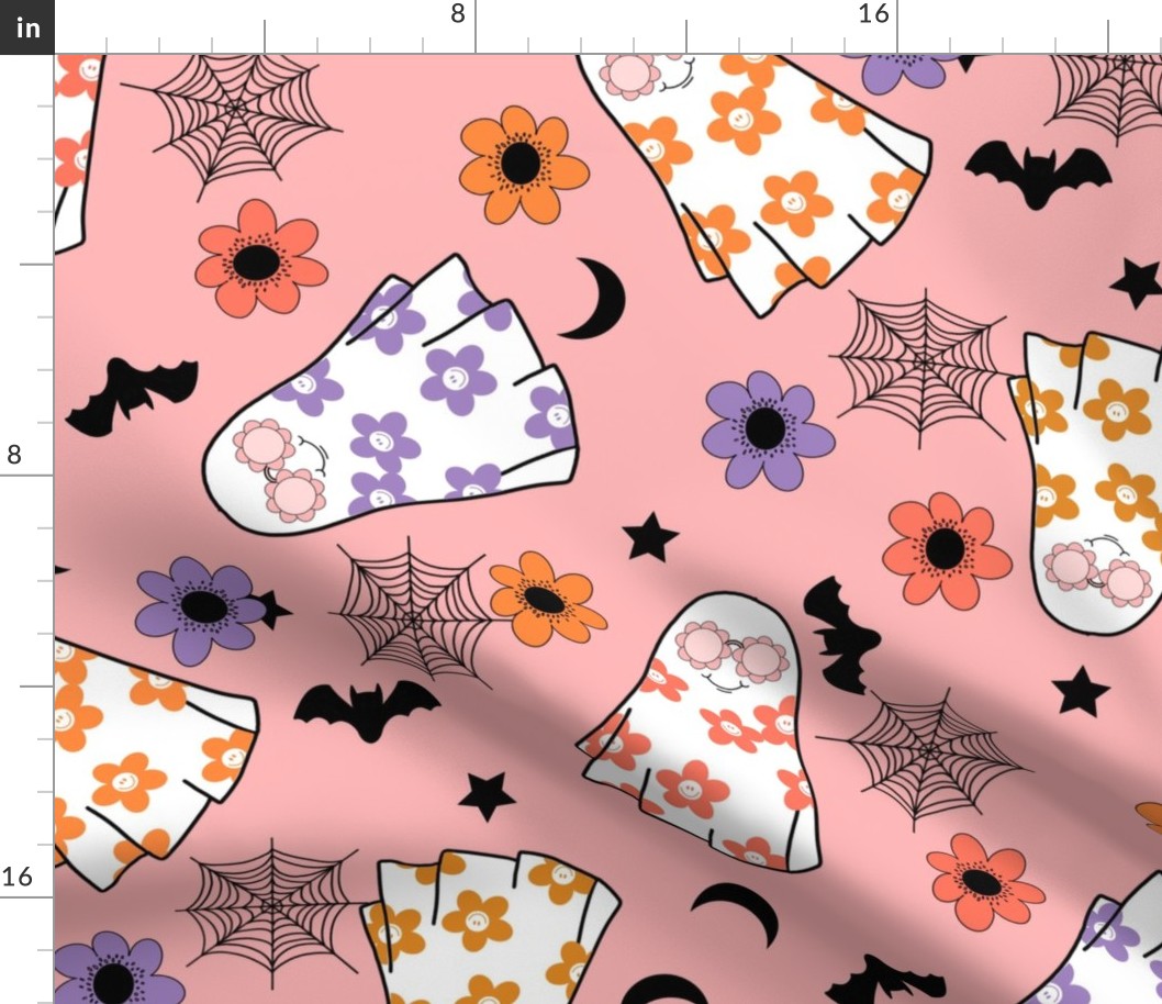 JUMBO Groovy Ghost Hippie Halloween fabric - floral ghost fabric pink halloween