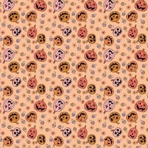 MICRO Groovy pumpkin Fabric - hippie floral hippie halloween design peach 2in