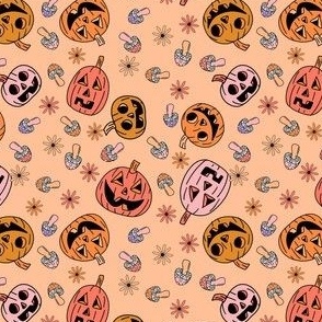 TINY Groovy pumpkin Fabric - hippie floral hippie halloween design peach 4in