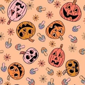 SMALL Groovy pumpkin Fabric - hippie floral hippie halloween design peach 6in