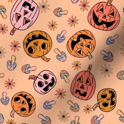 MEDIUM Groovy pumpkin Fabric - hippie floral hippie halloween design peach 8in