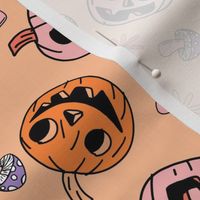 LARGE Groovy pumpkin Fabric - hippie floral hippie halloween design peach 10in