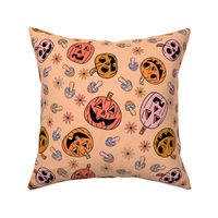 XLARGE Groovy pumpkin Fabric - hippie floral hippie halloween design peach 12in