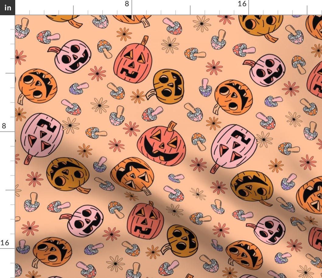 XLARGE Groovy pumpkin Fabric - hippie floral hippie halloween design peach 12in