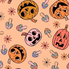 JUMBO Groovy pumpkin Fabric - hippie floral hippie halloween design peach
