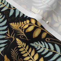 Gold and Blue Ferns on Black