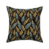 Gold and Blue Ferns on Black