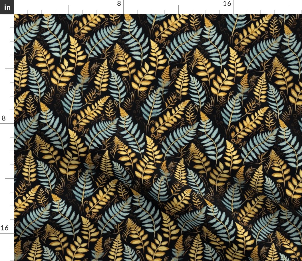 Gold and Blue Ferns on Black