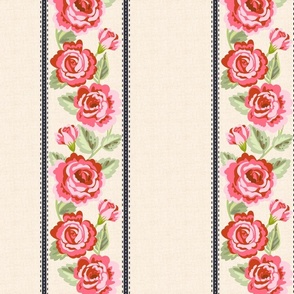 Coral roses on French ticking stripe 10.5’ large