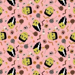 TINY Halloween Monster Candy Fabric Pink Frankenstein Bride of Frankenstine girls lollipop fabric 4in