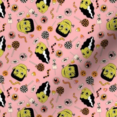 SMALL Halloween Monster Candy Fabric Pink Frankenstein Bride of Frankenstine girls lollipop fabric 6in