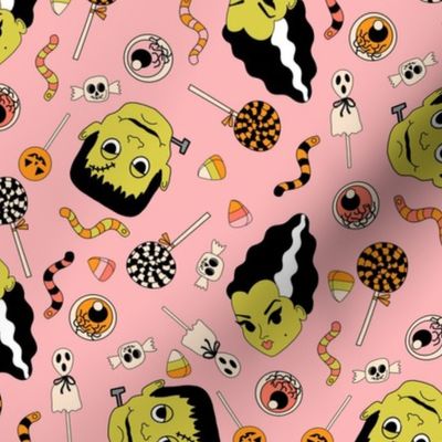 LARGE Halloween Monster Candy Fabric Pink Frankenstein Bride of Frankenstine girls lollipop fabric 10in