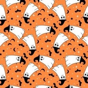 TINY Happy Ghost fabric - ghost mascot groovy halloween design 4in