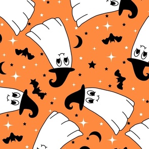 JUMBO Happy Ghost fabric - ghost mascot groovy halloween design