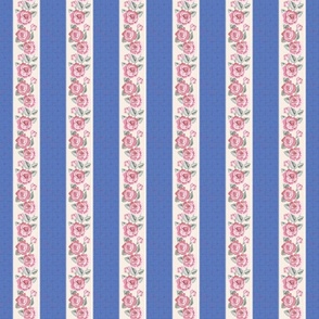 Pink roses with denim blue stripes and ticking stripes 3”