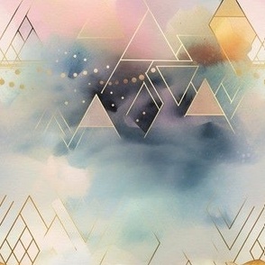 Cloudy Watercolor and Gold Geometric Hills