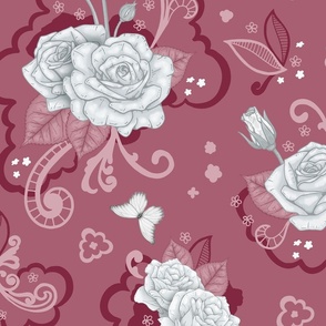 White Roses and Lace Mauve Red - Large