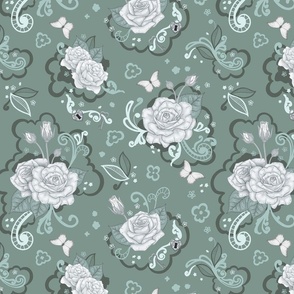 White Roses and Lace Sage Green - Medium
