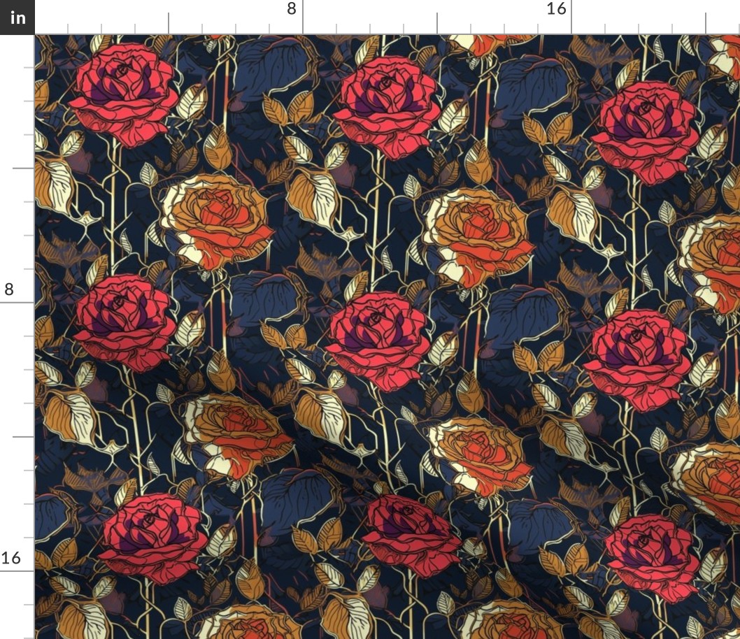 Midnight Deco Gold Roses On Trellis