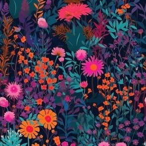 Bright Wildflowers in Midnight Field