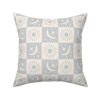 Celestial Sun, Moon and Stars Checkerboard in Soft Grey and White (3" tile) 